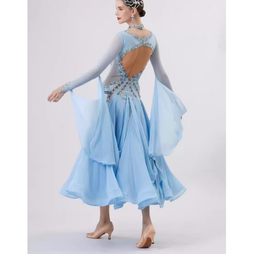 Customized size light blue competition ballroom dance dress with floats for women girls bling waltz tango rhythm senior foxtrot smooth dance long gown for lady